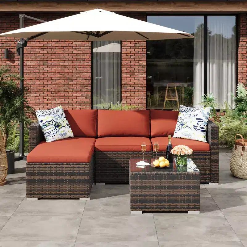 Ensemble de mobilier de patio 5 pièces COZONY, canapé sectionnel en rotin osier résistant aux intempéries avec coussins et table basse en verre pour jardin, véranda, balcon