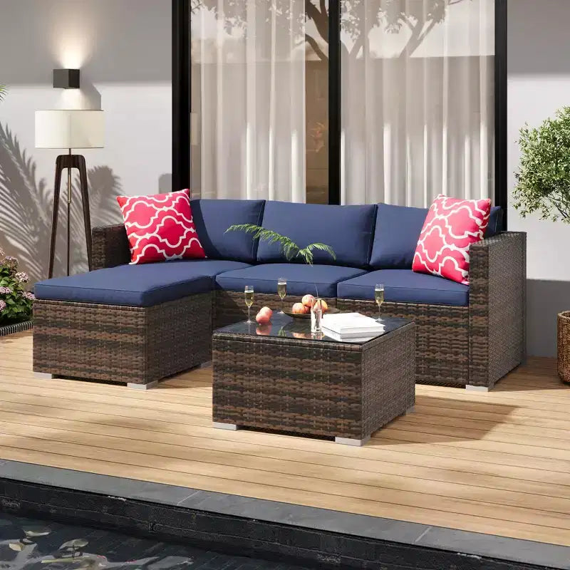 Ensemble de mobilier de patio 5 pièces COZONY, canapé sectionnel en rotin osier résistant aux intempéries avec coussins et table basse en verre pour jardin, véranda, balcon