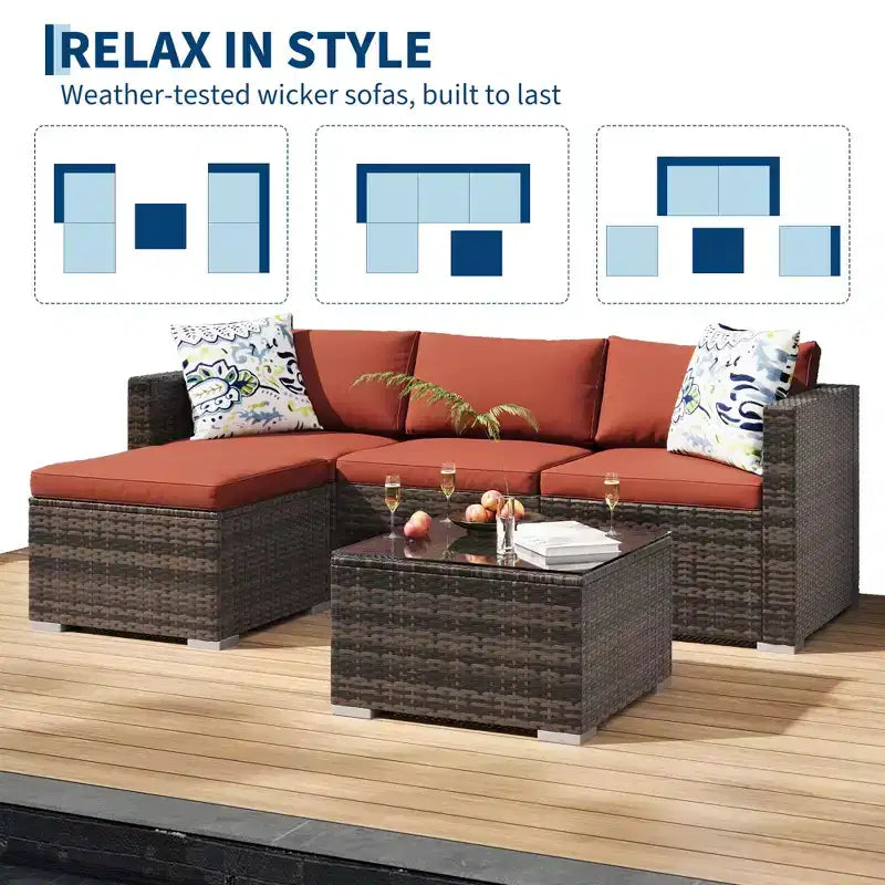 Ensemble de mobilier de patio 5 pièces COZONY, canapé sectionnel en rotin osier résistant aux intempéries avec coussins et table basse en verre pour jardin, véranda, balcon