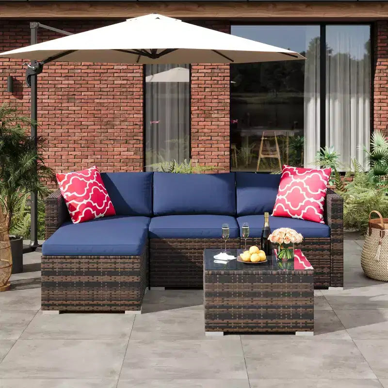 Ensemble de mobilier de patio 5 pièces COZONY, canapé sectionnel en rotin osier résistant aux intempéries avec coussins et table basse en verre pour jardin, véranda, balcon