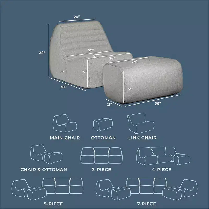 Grand ensemble de meubles de patio d'extérieur Joe Solvana, fauteuil et pouf en tissu de lin résistant aux intempéries, sectionnel 2 pièces, gris portuaire