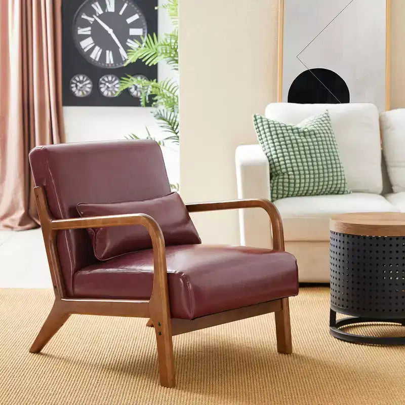 Mid-Century Modern Leatherette Arm Accent Chair Walnut Rubberwood Frame Burgundy - Glitzhome: Upholstered, 300lb Capacity
