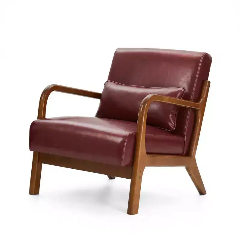 Fauteuil d'appoint en similicuir moderne du milieu du siècle, cadre en bois d'hévéa noyer, bordeaux - Glitzhome : Rembourré, capacité de 136 kg