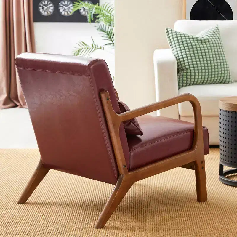 Fauteuil d'appoint en similicuir moderne du milieu du siècle, cadre en bois d'hévéa noyer, bordeaux - Glitzhome : Rembourré, capacité de 136 kg