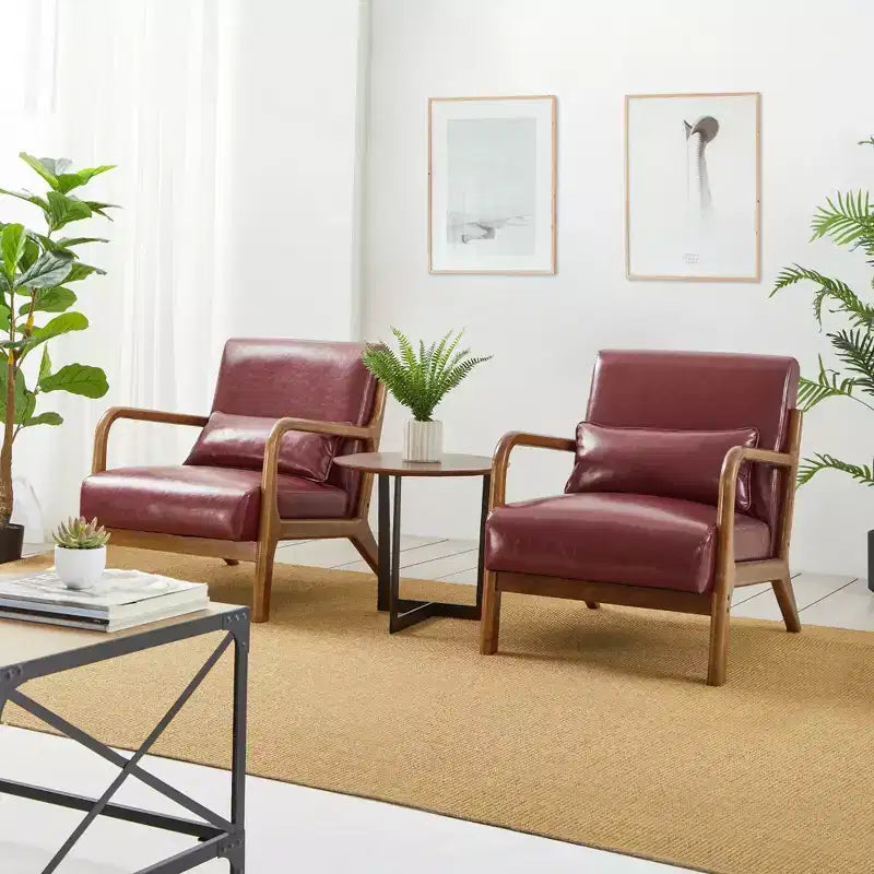 Fauteuil d'appoint en similicuir moderne du milieu du siècle, cadre en bois d'hévéa noyer, bordeaux - Glitzhome : Rembourré, capacité de 136 kg