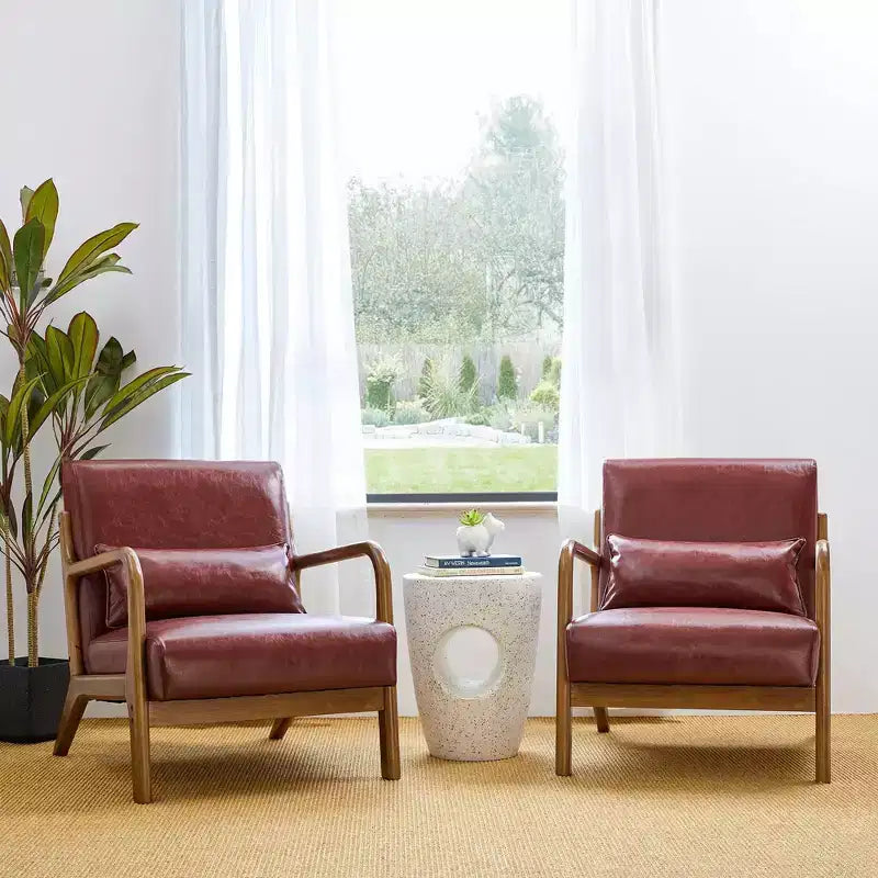 Fauteuil d'appoint en similicuir moderne du milieu du siècle, cadre en bois d'hévéa noyer, bordeaux - Glitzhome : Rembourré, capacité de 136 kg