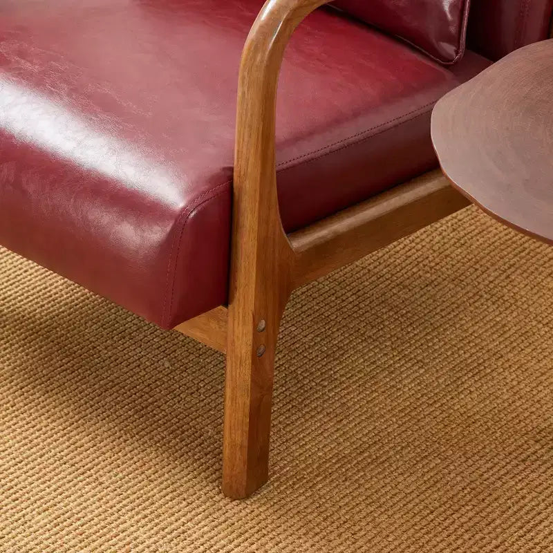 Fauteuil d'appoint en similicuir moderne du milieu du siècle, cadre en bois d'hévéa noyer, bordeaux - Glitzhome : Rembourré, capacité de 136 kg