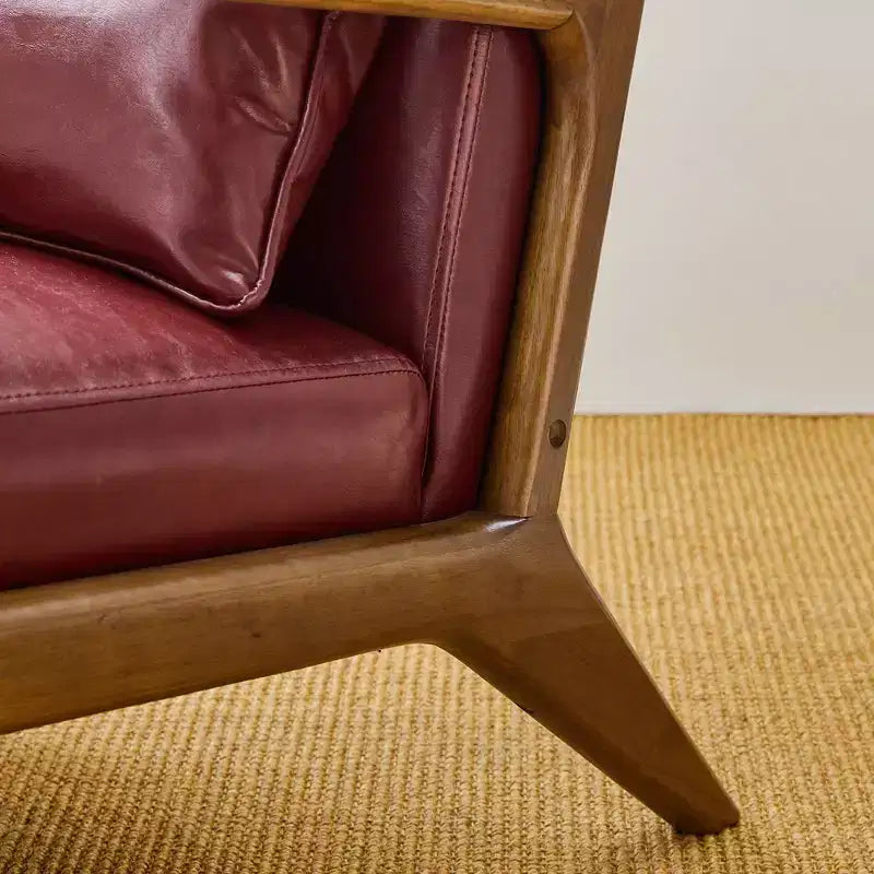 Fauteuil d'appoint en similicuir moderne du milieu du siècle, cadre en bois d'hévéa noyer, bordeaux - Glitzhome : Rembourré, capacité de 136 kg