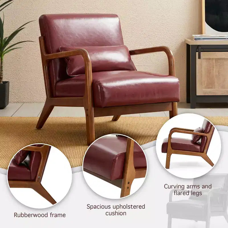 Fauteuil d'appoint en similicuir moderne du milieu du siècle, cadre en bois d'hévéa noyer, bordeaux - Glitzhome : Rembourré, capacité de 136 kg