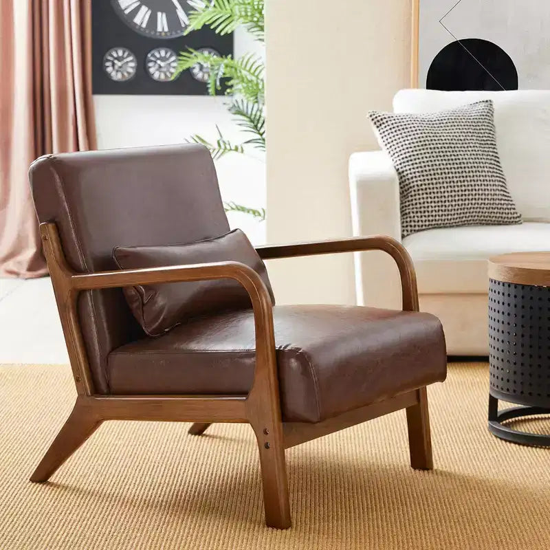 Mid-Century Modern Leatherette Arm Accent Chair Walnut Rubberwood Frame Coffee - Glitzhome: Low-Profile, PU Upholstery