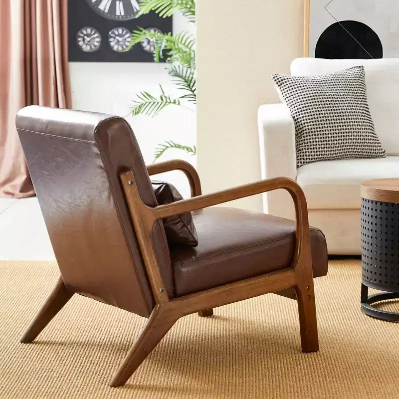 Mid-Century Modern Leatherette Arm Accent Chair Walnut Rubberwood Frame Coffee - Glitzhome: Low-Profile, PU Upholstery