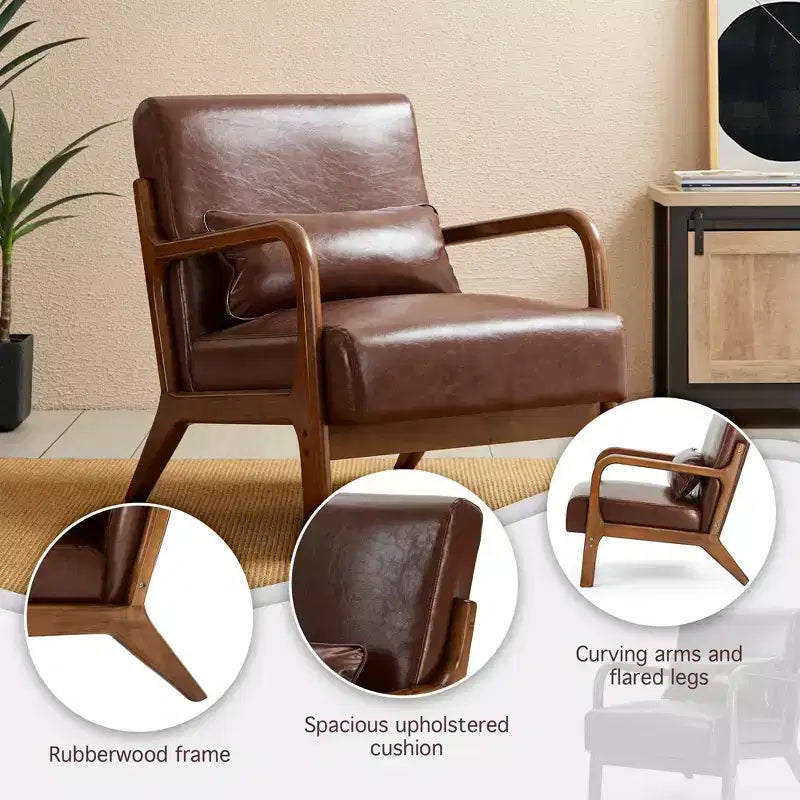 Mid-Century Modern Leatherette Arm Accent Chair Walnut Rubberwood Frame Coffee - Glitzhome: Low-Profile, PU Upholstery