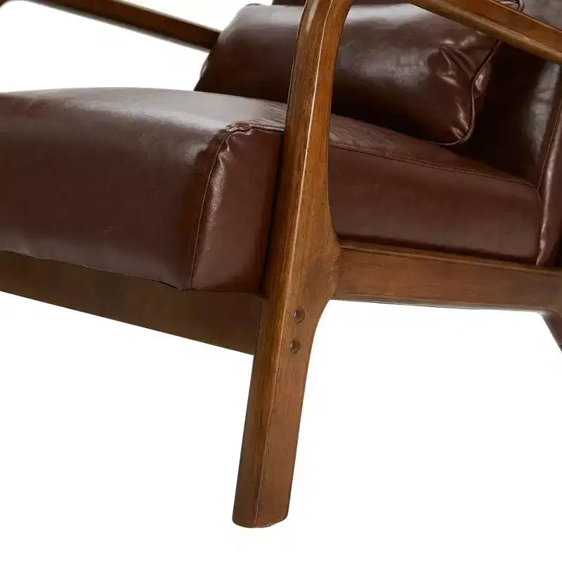 Mid-Century Modern Leatherette Arm Accent Chair Walnut Rubberwood Frame Coffee - Glitzhome: Low-Profile, PU Upholstery