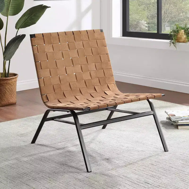 Comfort Pointe Cavett Woven Leather Accent Chair Brown: Genuine Leather, Metal Frame, Mid-Century Modern