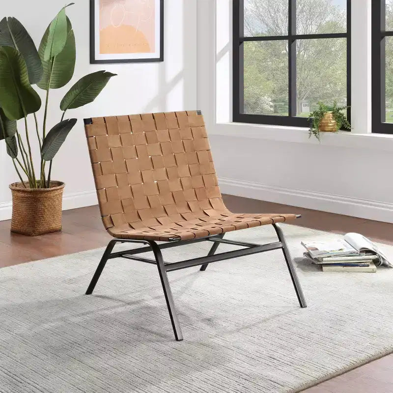 Comfort Pointe Cavett Woven Leather Accent Chair Brown: Genuine Leather, Metal Frame, Mid-Century Modern