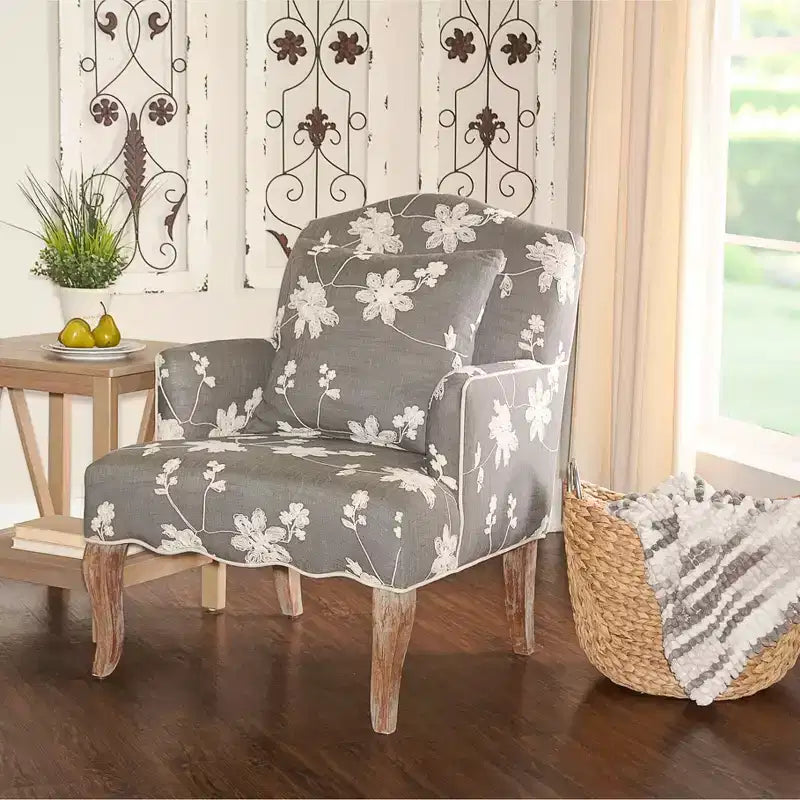 Traditional Floral Upholstered Embroidered Linen French Accent Armchair - Gray - Linon