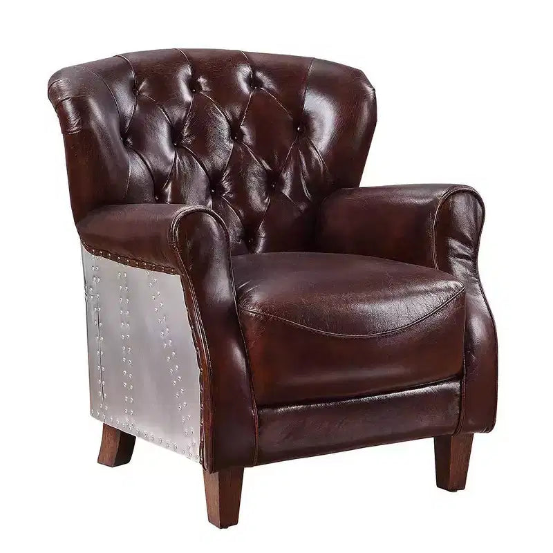 30" Brancaster Accent Chair Vintage Brown/Aluminum - Acme Furniture: Leather Upholstery, Tufted, No Assembly Required