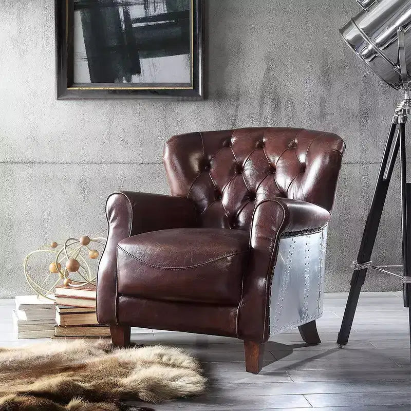 30" Brancaster Accent Chair Vintage Brown/Aluminum - Acme Furniture: Leather Upholstery, Tufted, No Assembly Required