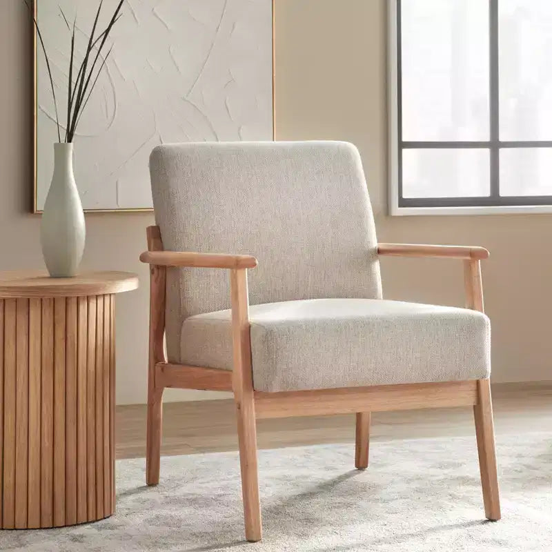 Lifestorey Beaumont, fauteuil d'appoint rembourré, cadre en bois massif, naturel/beige