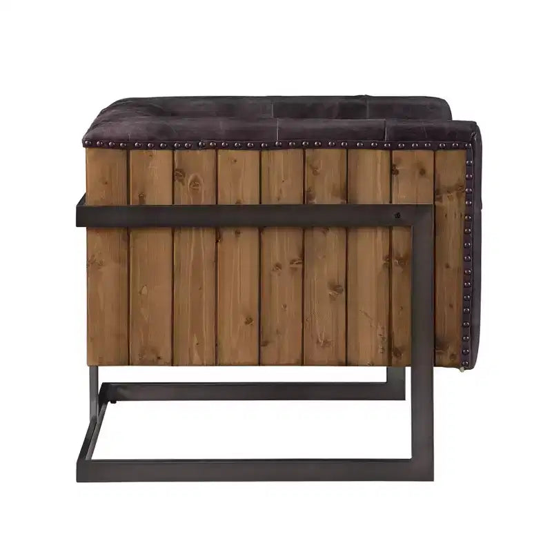 31" Sagat Accent Chair Antique Black Top Grain Leather/Rustic Oak - Acme Furniture: No Assembly, Metal Frame, Spot Clean