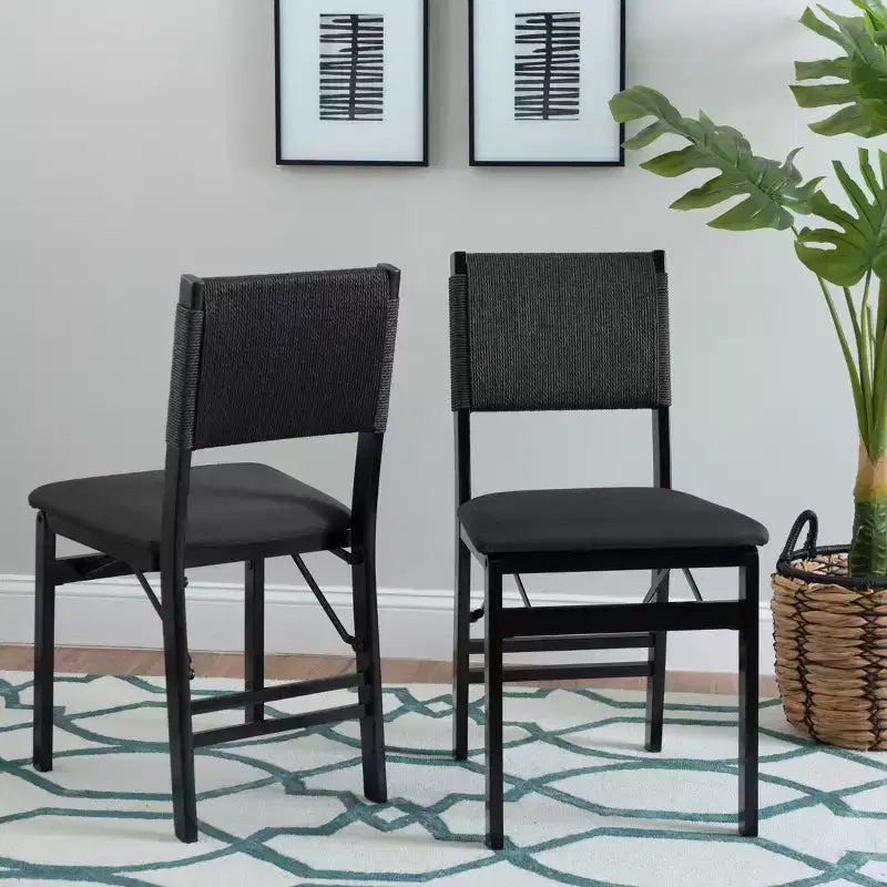 Linon Set of 2 Thames Rope Back Padded Seat Midcentury Modern Folding Chair Black: Rubberwood, Polyester Upholstery, No Assembly Required