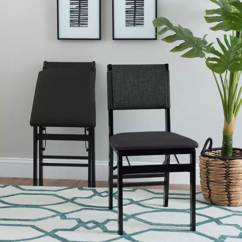 Linon Set of 2 Thames Rope Back Padded Seat Midcentury Modern Folding Chair Black: Rubberwood, Polyester Upholstery, No Assembly Required