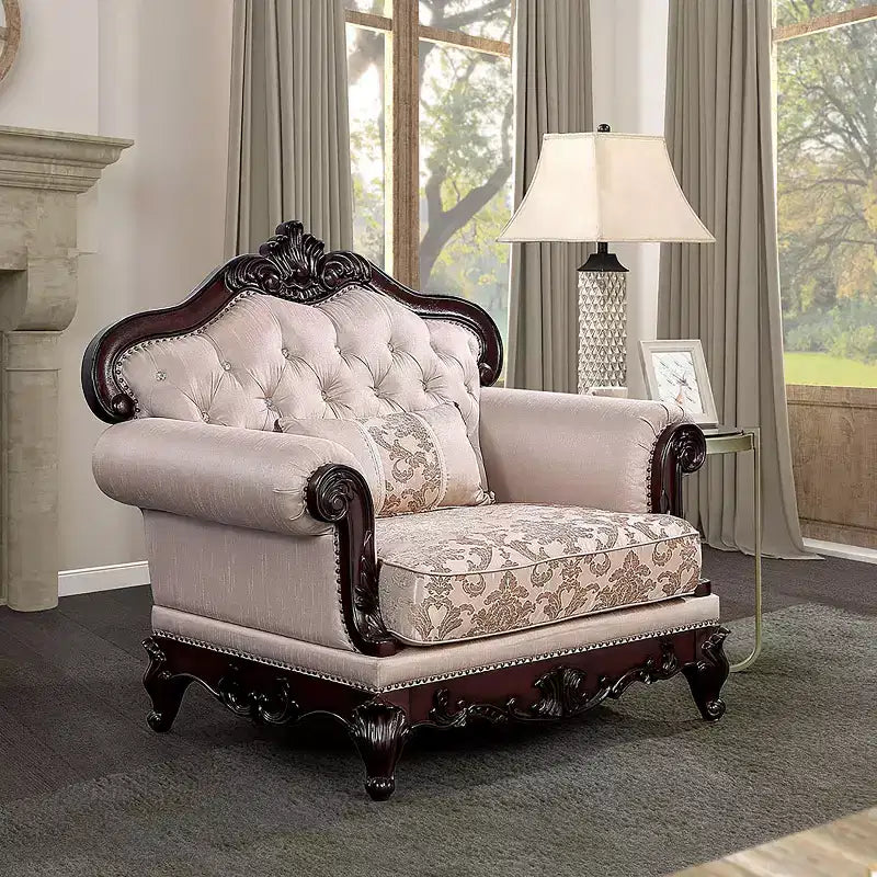 HOMES: Inside + Out Alsace Arm Chair Traditional Button Tufted Dark Cherry/Light Brown