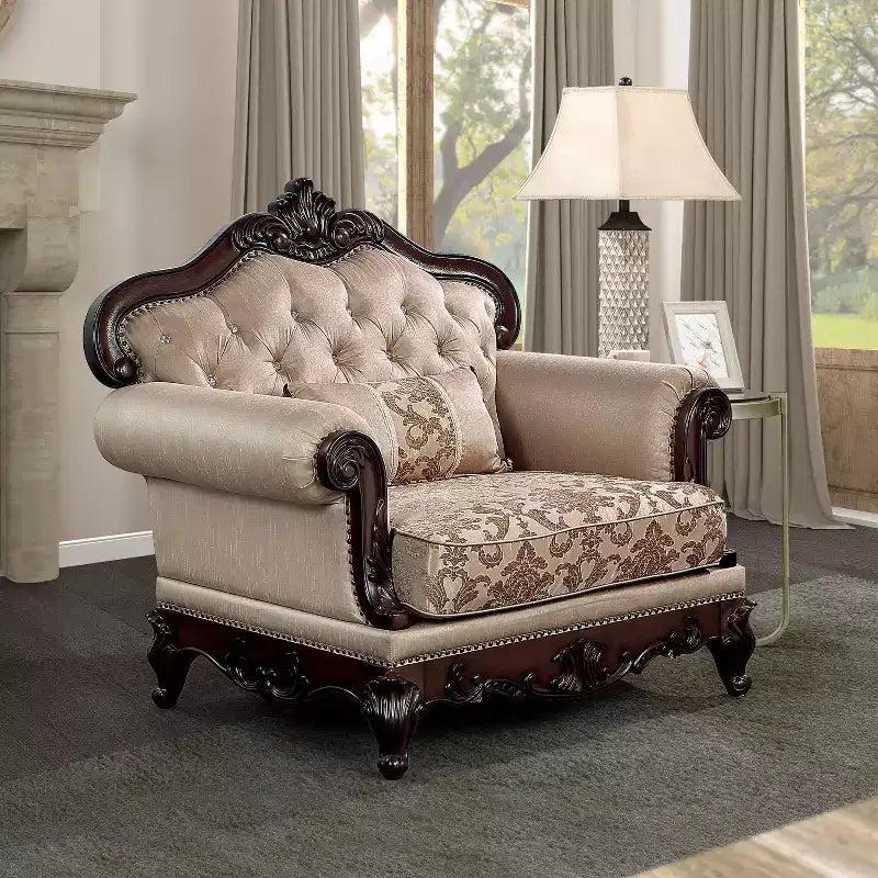 HOMES: Inside + Out Alsace Arm Chair Traditional Button Tufted Dark Cherry/Light Brown