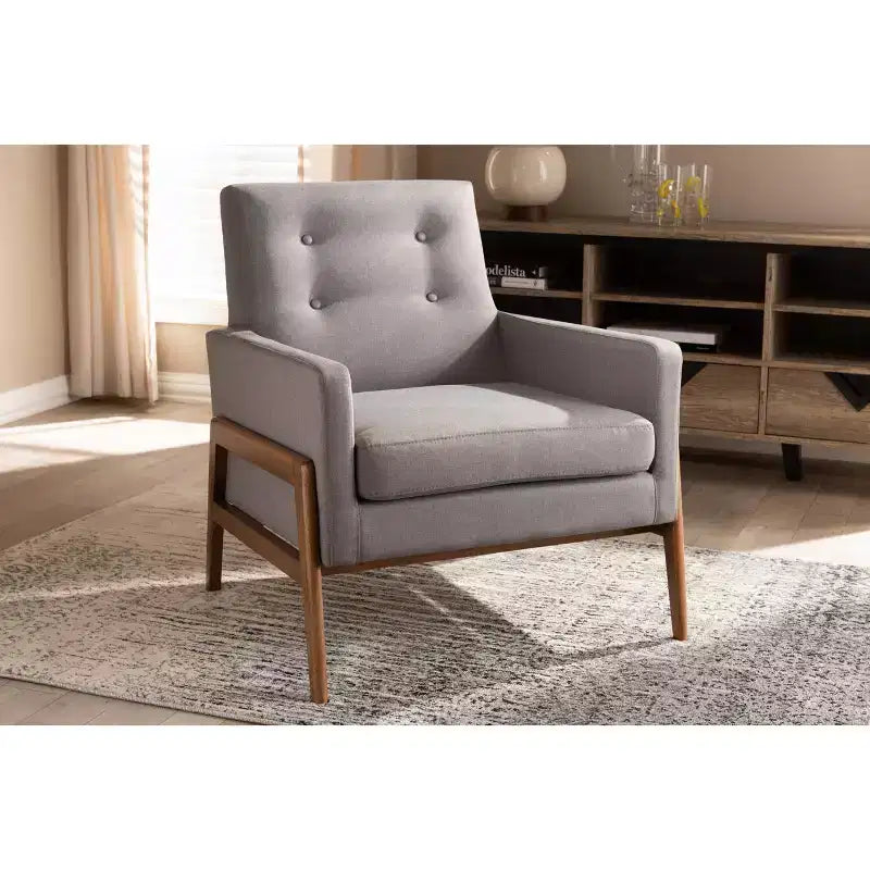 Perris Fabric Upholstered Walnut Wood Lounge Chair - Baxton Studio