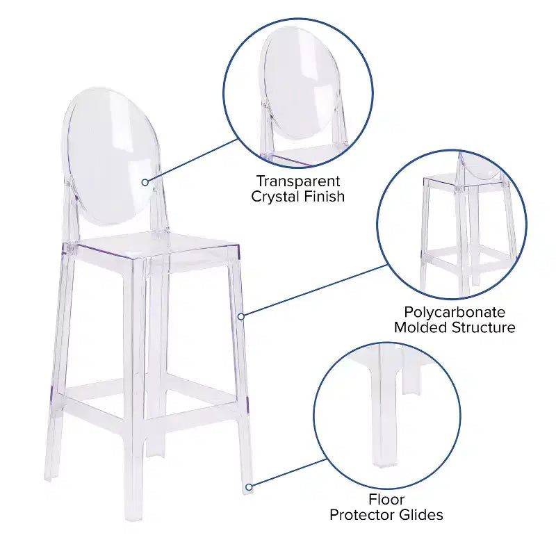 Tabouret de bar Ghost Emma et Oliver avec dossier ovale en cristal transparent