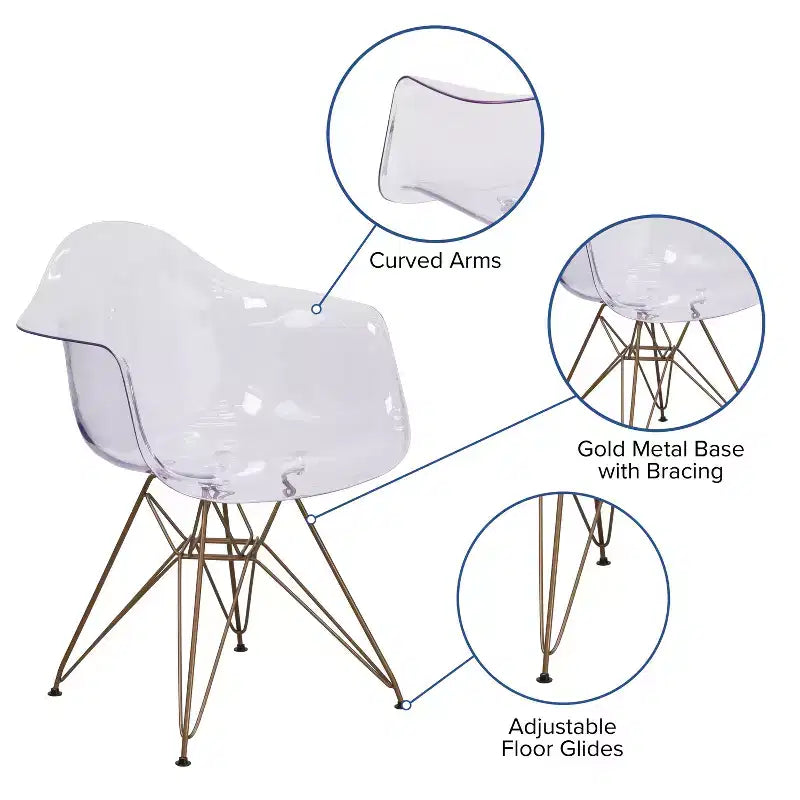 Chaise transparente Emma et Oliver avec accoudoirs et base dorée
