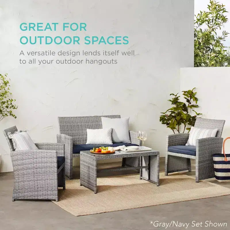 Ensemble de meubles de conversation de patio en osier d'extérieur 4 pièces Best Choice Products avec table et coussins