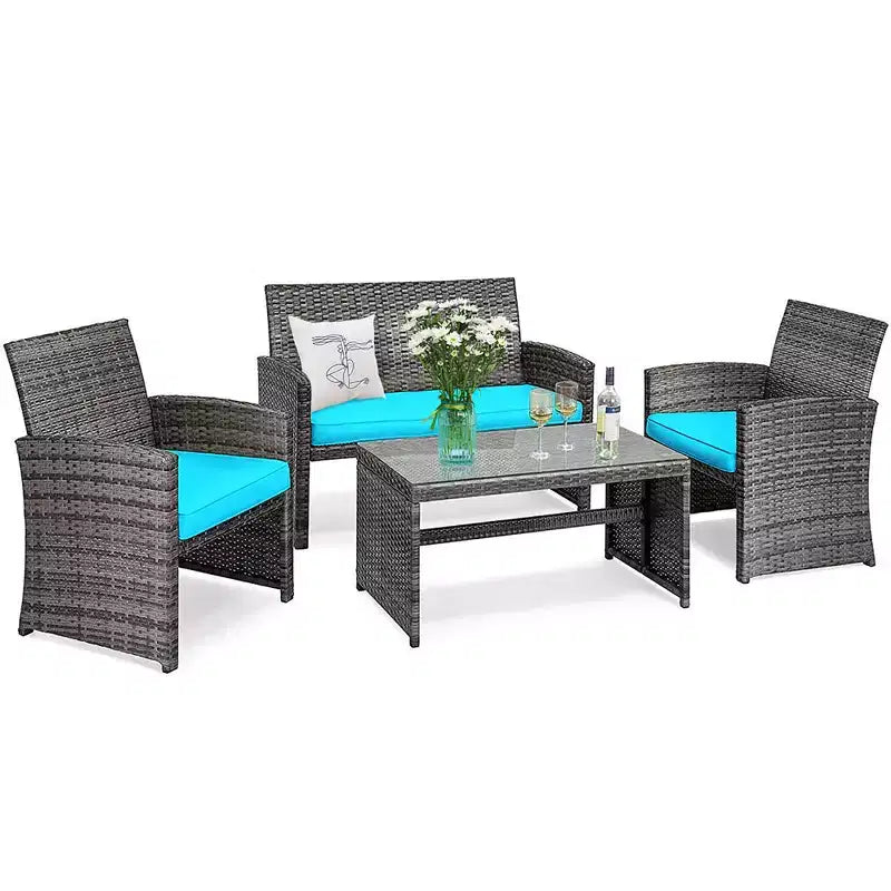 Costway Ensemble de Meubles de Patio en Rotin 4 Pièces avec Table Basse en Verre et Coussins