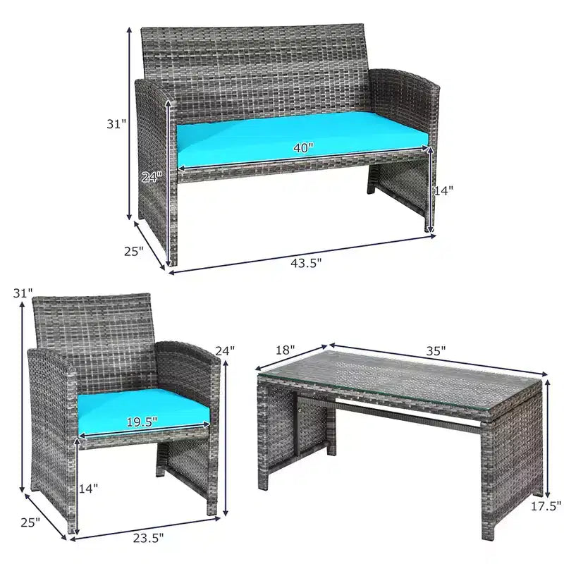 Costway Ensemble de Meubles de Patio en Rotin 4 Pièces avec Table Basse en Verre et Coussins