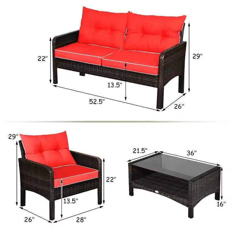 Costway Ensemble de Meubles de Jardin en Rotin 4 Pièces, Canapé Causeuse, Table Basse, Canapé Rembourré
