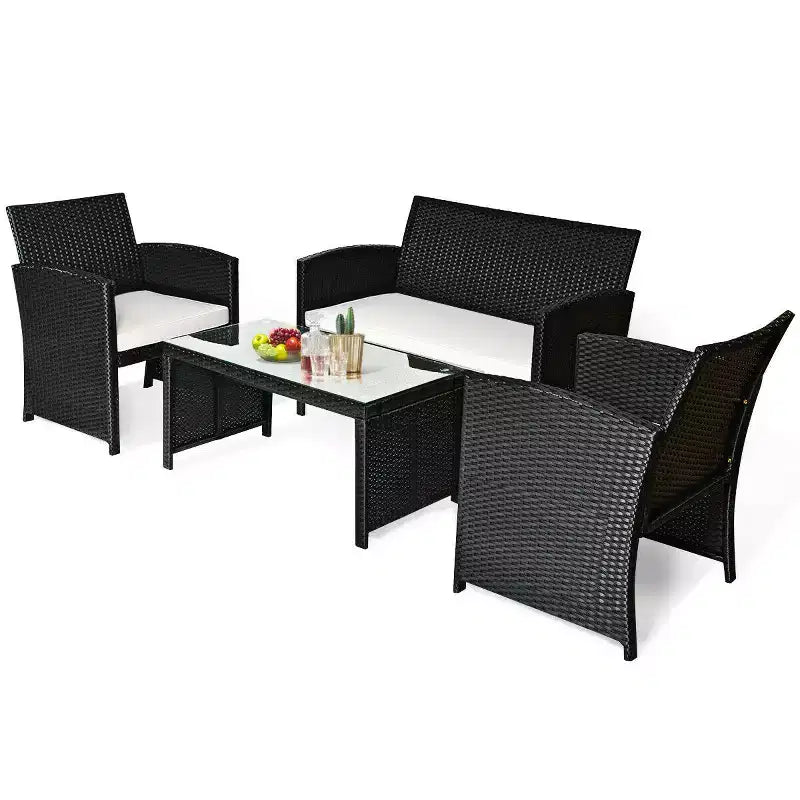 Costway Ensemble de Conversation 4 pièces en Rotin pour Patio avec Canapé et Table Basse, Noir