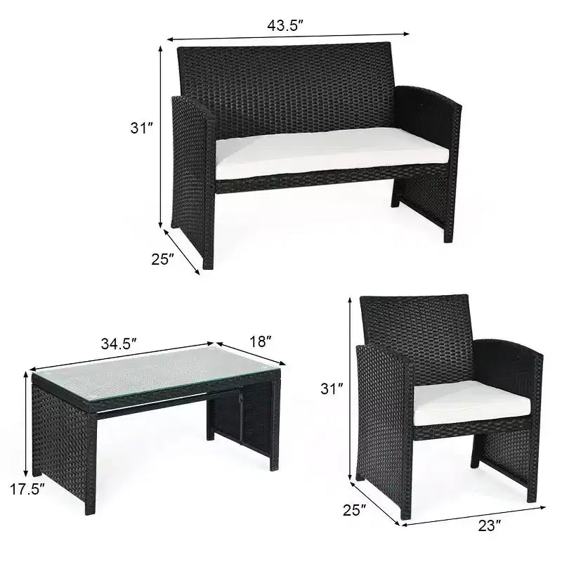 Costway Ensemble de Conversation 4 pièces en Rotin pour Patio avec Canapé et Table Basse, Noir