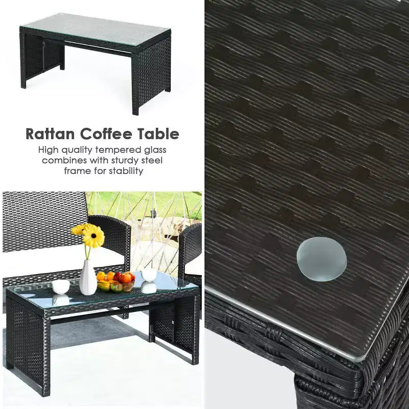Costway Ensemble de Conversation 4 pièces en Rotin pour Patio avec Canapé et Table Basse, Noir