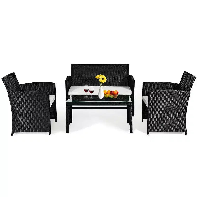 Costway Ensemble de Conversation 4 pièces en Rotin pour Patio avec Canapé et Table Basse, Noir