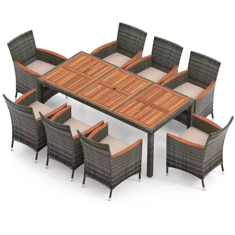 Costway Ensemble de salle à manger d'extérieur 9 pièces en rotin mixte gris et bois d'acacia avec table et chaises rembourrées