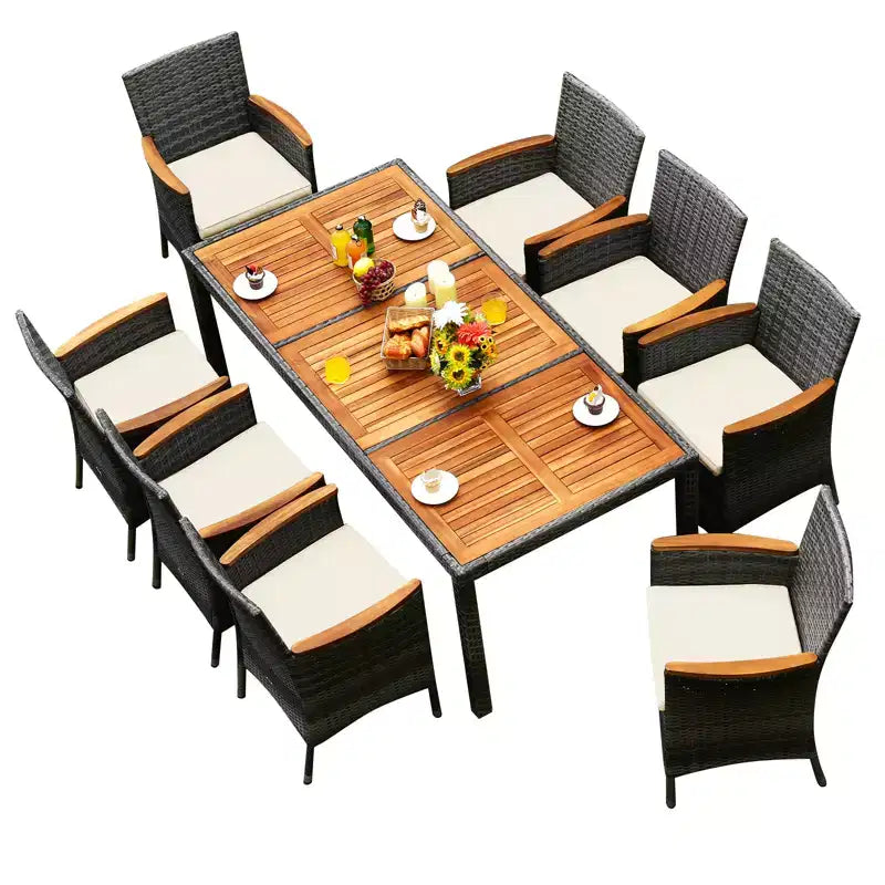 Costway Ensemble de salle à manger d'extérieur 9 pièces en rotin mixte gris et bois d'acacia avec table et chaises rembourrées