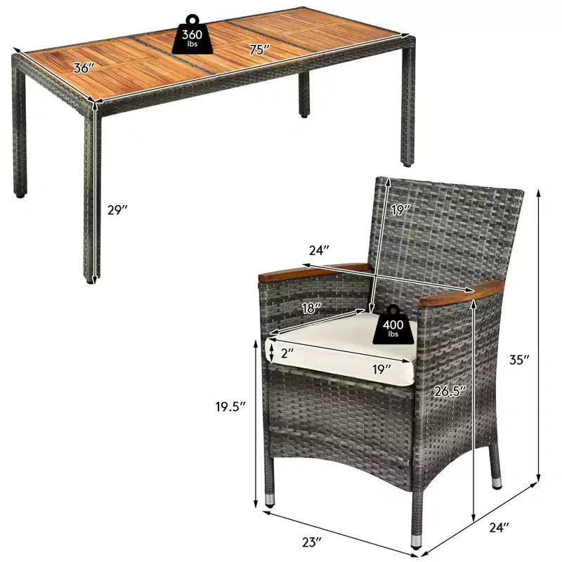 Costway Ensemble de salle à manger d'extérieur 9 pièces en rotin mixte gris et bois d'acacia avec table et chaises rembourrées