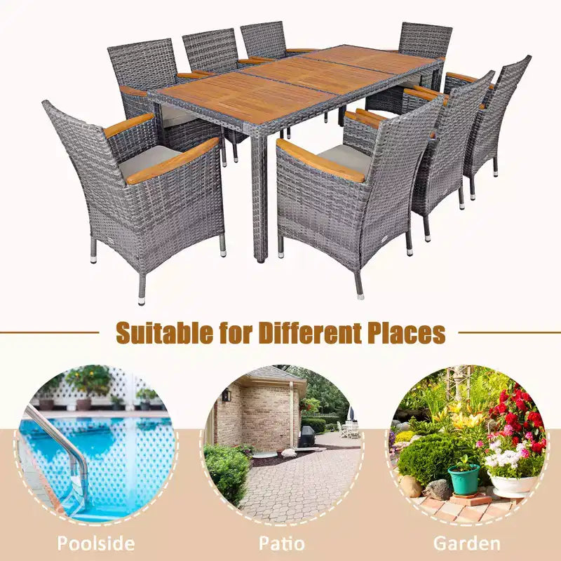 Costway Ensemble de salle à manger d'extérieur 9 pièces en rotin mixte gris et bois d'acacia avec table et chaises rembourrées