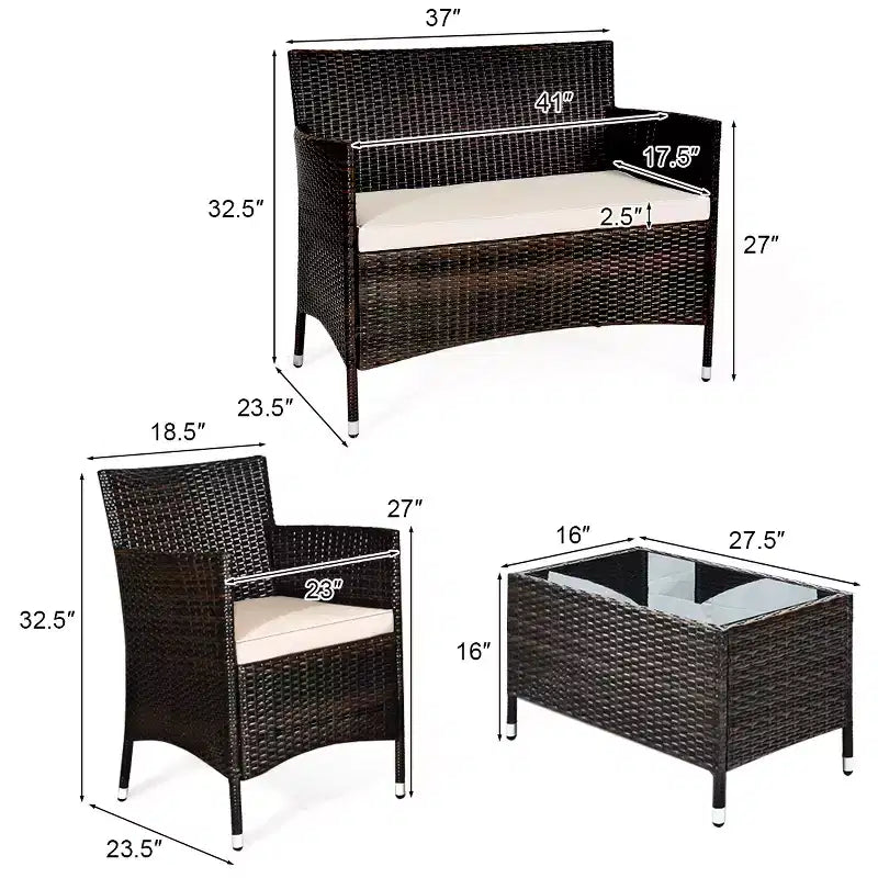 Costway Ensemble de Meubles de Jardin 4 Pièces en Rotin avec Coussins, Canapé, Chaises et Table Basse