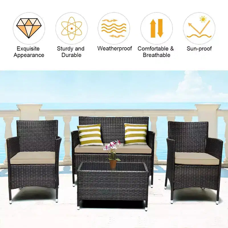 Costway Ensemble de Meubles de Jardin 4 Pièces en Rotin avec Coussins, Canapé, Chaises et Table Basse