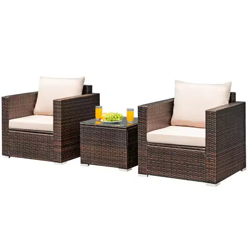 Costway Salon de Jardin 3 Pièces en Rotin avec Canapé Coussins et Table Basse