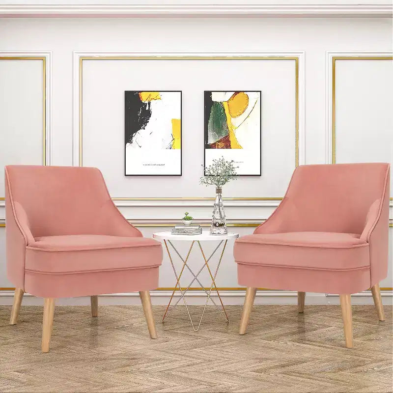 Costway Lot de 2 fauteuils d'appoint en velours avec pieds en bois d'hévéa Rose/Vert/Gris
