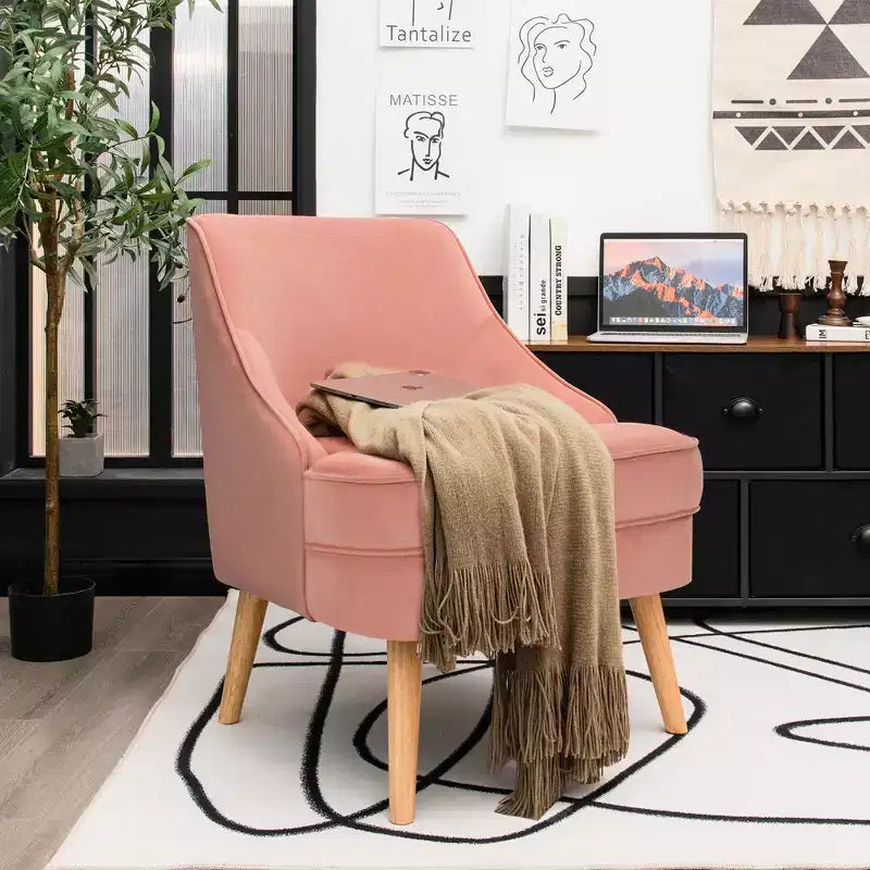 Costway Lot de 2 fauteuils d'appoint en velours avec pieds en bois d'hévéa Rose/Vert/Gris