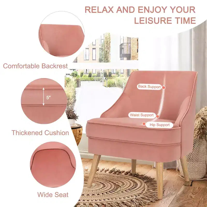 Costway Lot de 2 fauteuils d'appoint en velours avec pieds en bois d'hévéa Rose/Vert/Gris