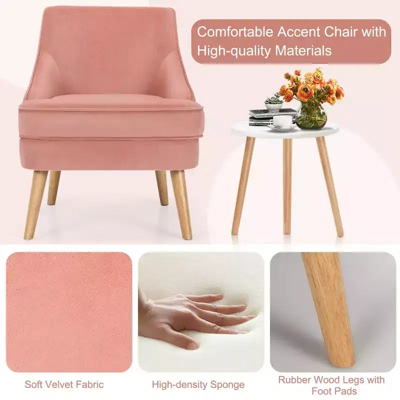 Costway Lot de 2 fauteuils d'appoint en velours avec pieds en bois d'hévéa Rose/Vert/Gris